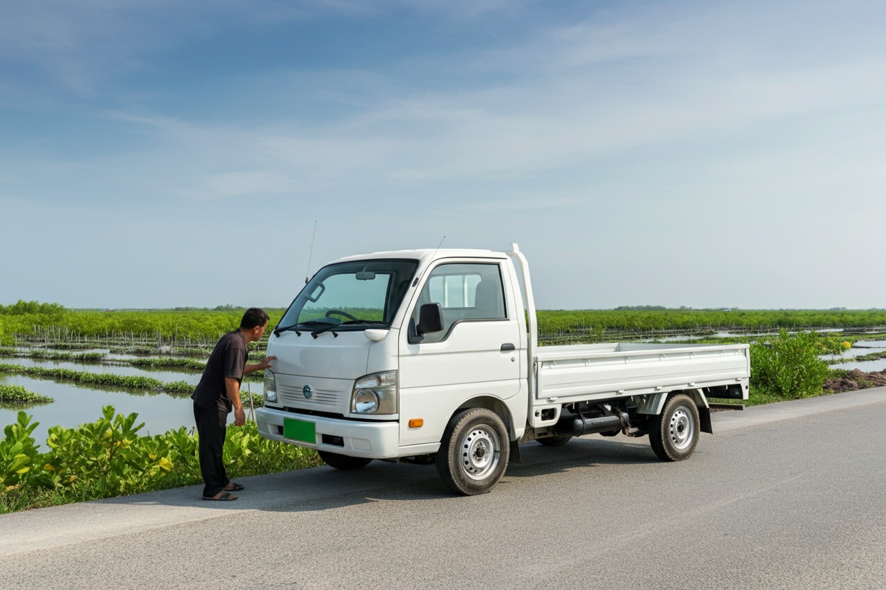 Kiểm tra xe tải cũ trước khi thu mua tại Cà Mau