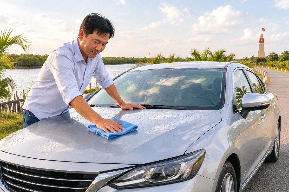 Chủ xe vệ sinh ô tô trước khi bán xe cũ ở Cà Mau