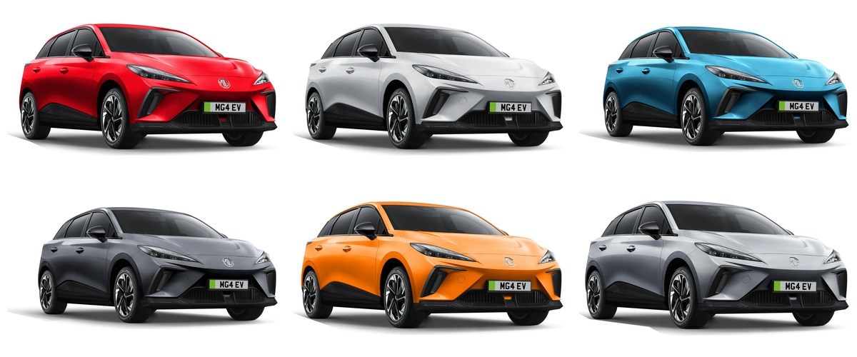 Bảng màu sơn MG4 EV gồm đỏ, trắng, xanh dương, ghi xám, cam, bạc
