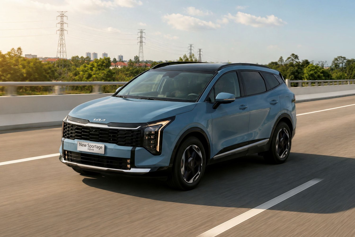 New Sportage Hybrid màu xanh dương chạy trên đường cao tốc ngoại ô