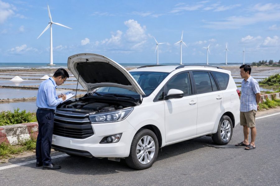 Chuyên viên kiểm tra xe 7 chỗ bên đường ven biển có cánh đồng điện gió và ruộng muối ở Đông Hải
