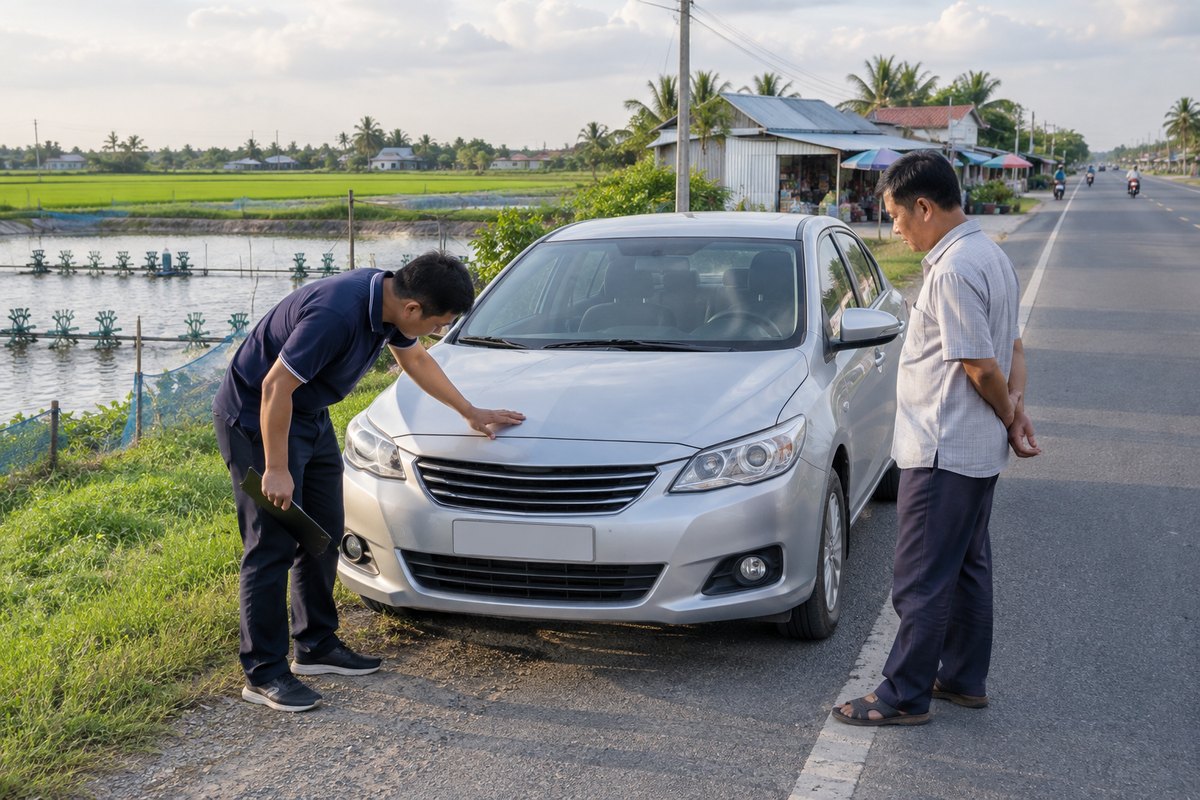 Chuyên viên kiểm tra chiếc xe sedan bạc bên đường quốc lộ gần ruộng lúa và ao tôm ở Giá Rai