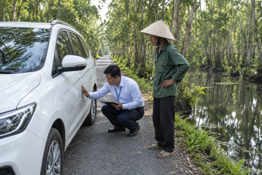 Chuyên viên kiểm tra thân xe trắng bên con đường nhỏ cạnh rừng tràm và kênh nước ở U Minh
