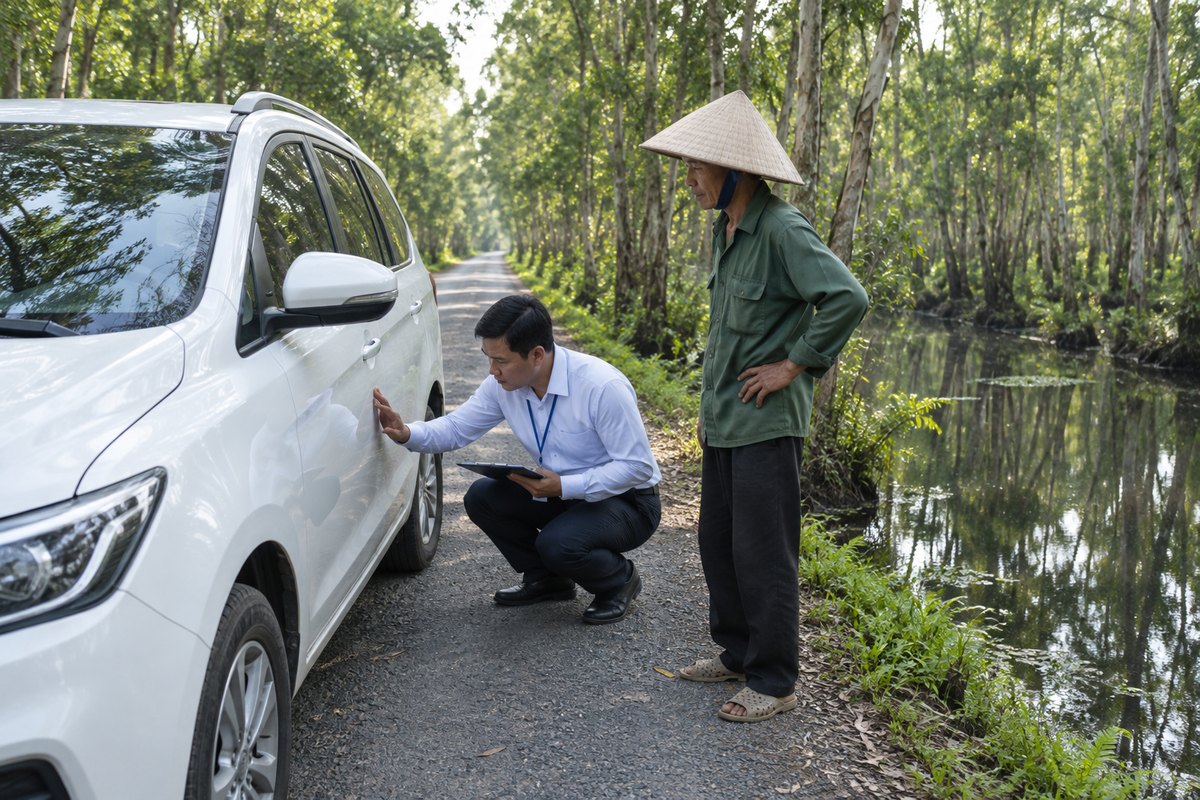 Chuyên viên kiểm tra thân xe trắng bên con đường nhỏ cạnh rừng tràm và kênh nước ở U Minh